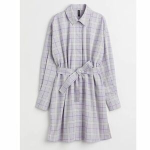 H&M/Divided Lavender Checked Cotton Tie-Belt Shirt Dress Sz M